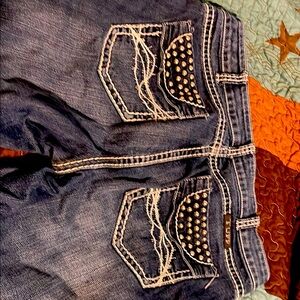 Cowgirl Tuff Boot Cut Blue Jeans with Intricate Stitching